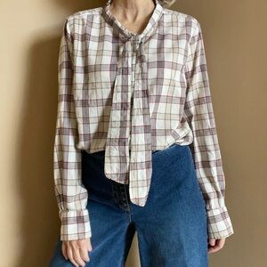 Cream, Tan, Red Plaid Blouse with Neck Ties